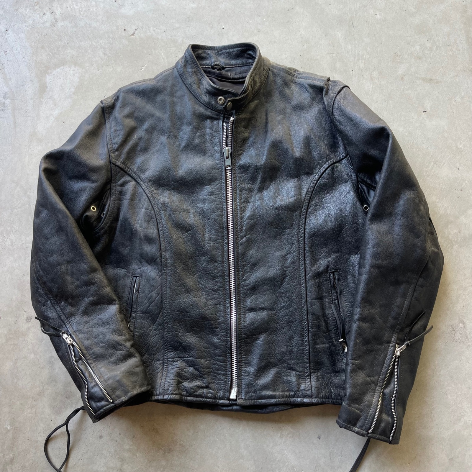 Vintage Black Leather Motorcycle Jacket Cafe Racer Biker Size 44 Lace Up Sides
